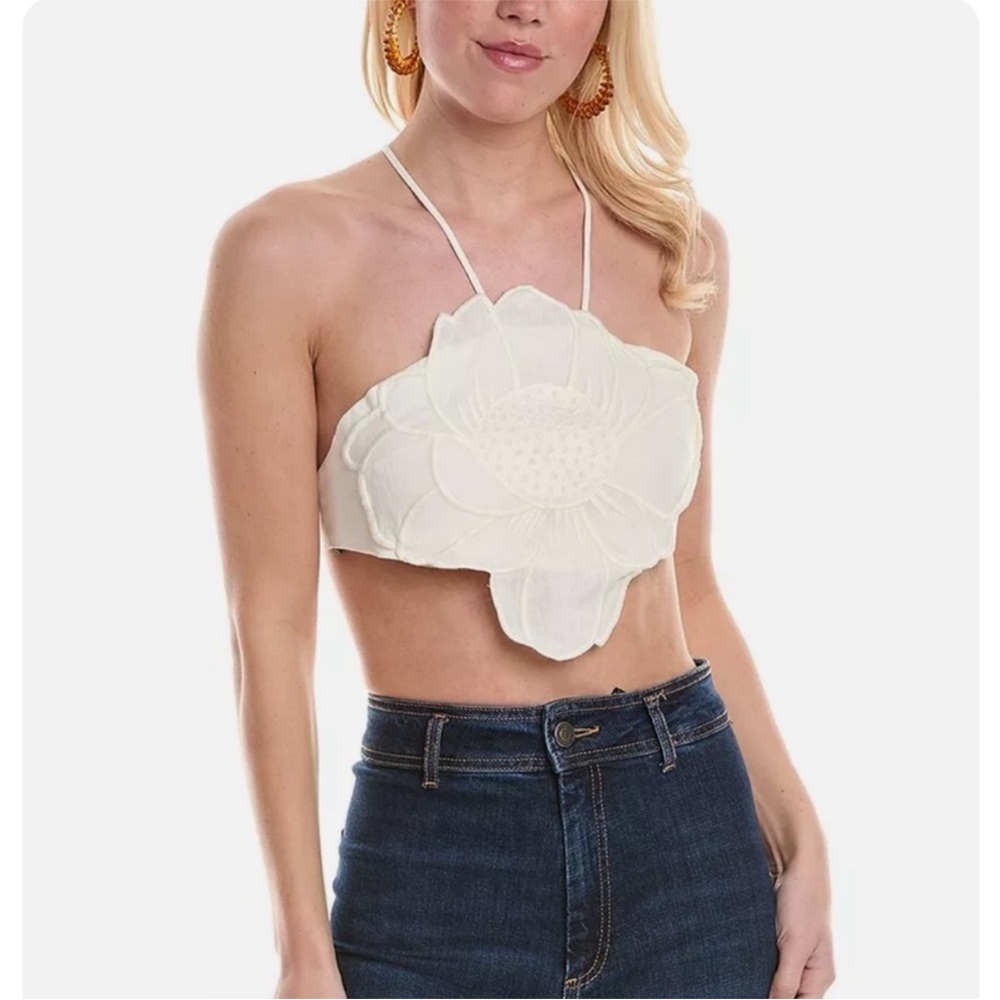 FARM RIO Off-White Floral Beaded Tie Back Halter Crop